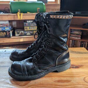 Rare Studded Black Vintage Moto Lace Zip Combat Boots Round Punk Goth Military